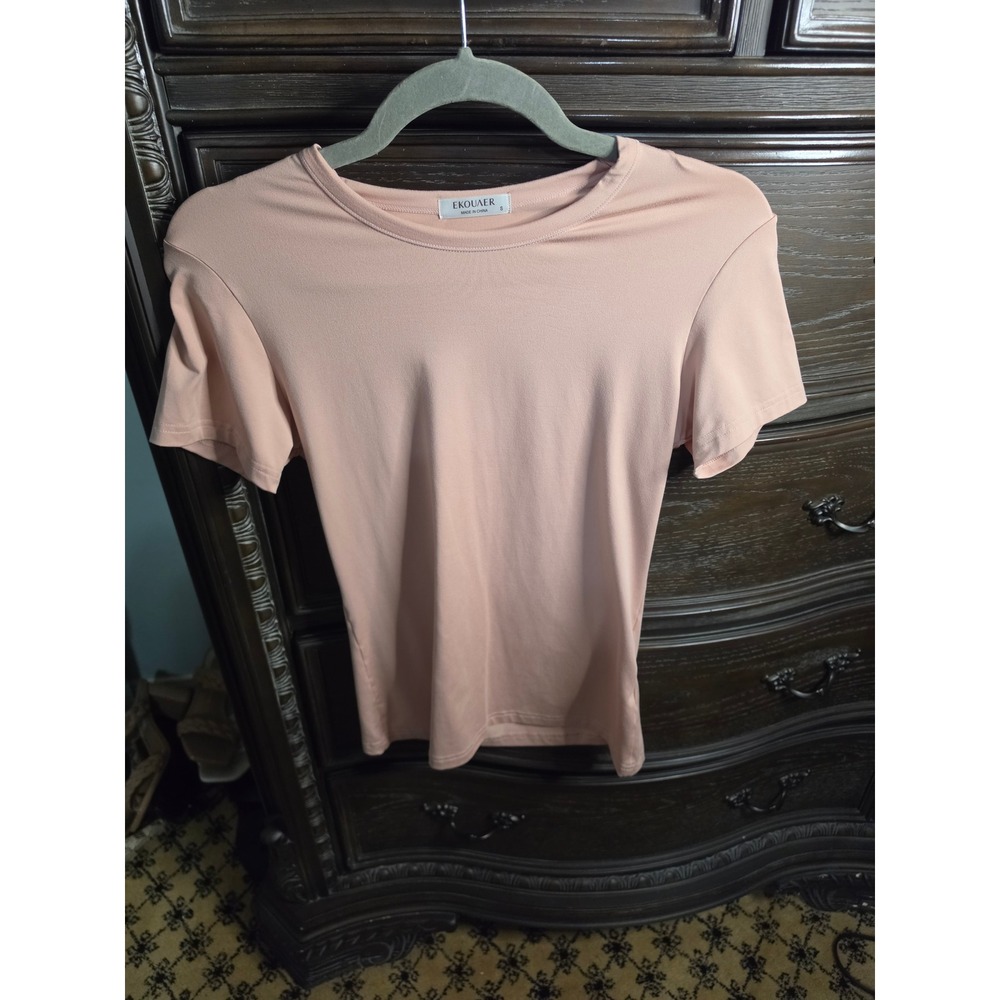 Ekouaer Womens Short Sleeve Crew Neck Tee Peach Pink Basic T-Shirt S